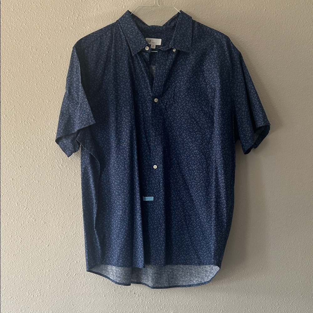 GAP Navy Patterned Short Sleeve Dress Shirt Blue Floral XXL